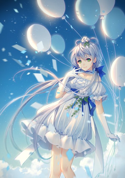 Anime picture 1000x1414 with vocaloid vocaloid china luo tianyi tidsean single long hair tall image looking at viewer fringe smile hair between eyes standing holding green eyes silver hair wind hand to mouth girl dress gloves