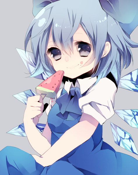 Anime picture 1200x1517 with touhou cirno mihatarou tall image looking at viewer short hair simple background smile sitting holding blue hair grey background food on face girl bow hair bow wings food sweets ice cream