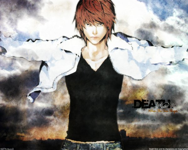 Anime picture 1280x1024 with death note madhouse yagami light single short hair red hair copyright name spread arms boy jacket