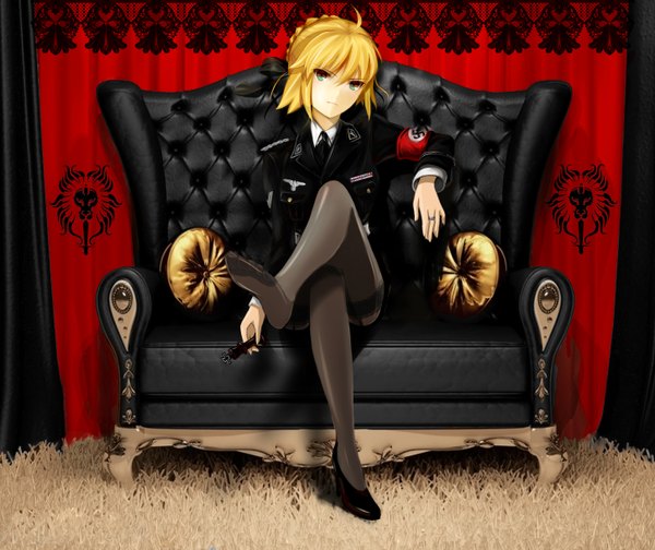 Anime picture 2900x2440 with fate (series) fate/zero type-moon artoria pendragon (all) saber kissbaby looking at viewer highres short hair blonde hair sitting green eyes no shoes legs crossed legs girl thighhighs uniform black thighhighs couch