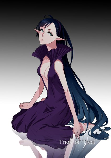 Anime picture 1024x1448 with original hiruna454 single long hair tall image fringe simple background sitting green eyes blue hair looking away cleavage very long hair aqua eyes pointy ears grey background sleeveless reflection girl