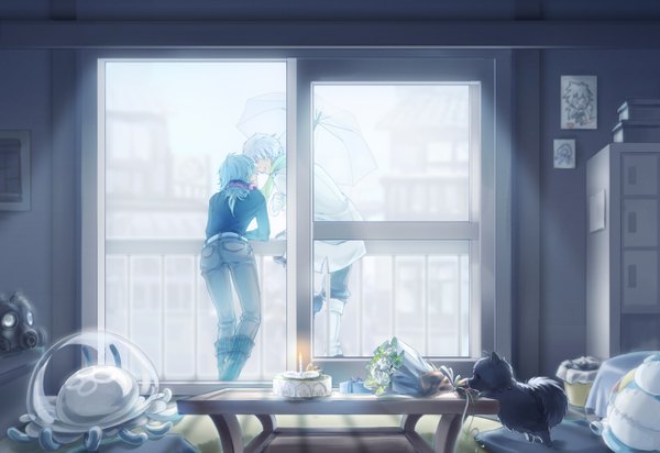 Anime picture 1300x894 with dramatical murder nitro+chiral aoba (dmmd) clear (dmmd) ren (dmmd) kino666 short hair smile twintails blue hair white hair multiple boys wallpaper short twintails shounen ai almost kiss scribble boy sweets headphones