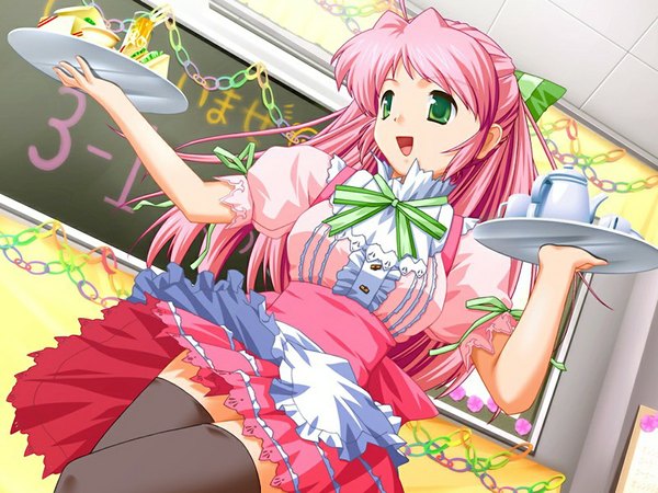 Anime picture 1024x768 with raspberry nekonyan long hair green eyes pink hair game cg maid girl
