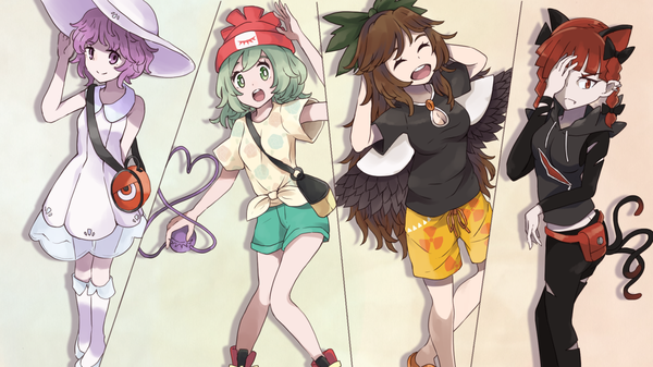 Anime picture 1536x864 with pokemon touhou pokemon (game) pokemon sm nintendo komeiji koishi komeiji satori reiuji utsuho kaenbyou rin lillie (pokemon) selene (pokemon) gladio (pokemon) hau (pokemon) long hair looking at viewer fringe short hair breasts open mouth simple background