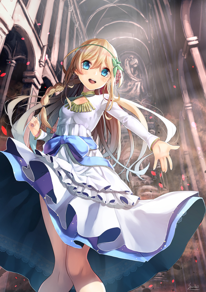 Anime picture 1167x1650 with kono subarashii sekai ni shukufuku wo! studio deen iris (konosuba) saraki single long hair tall image looking at viewer blush fringe open mouth blonde hair smile hair between eyes standing signed braid (braids) long sleeves aqua eyes from below