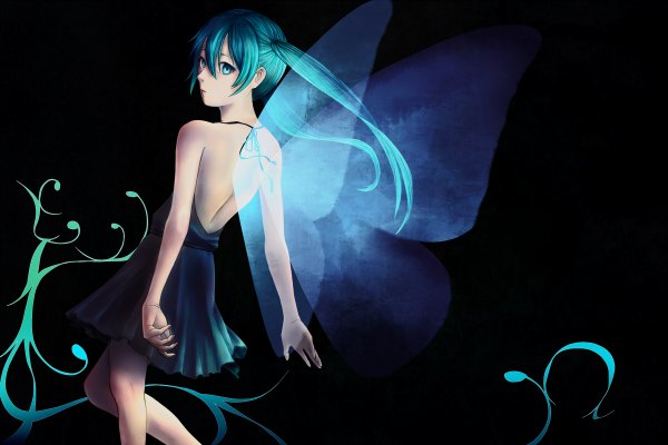 Anime picture 1200x800 with vocaloid hatsune miku tagme (artist) black background girl wings