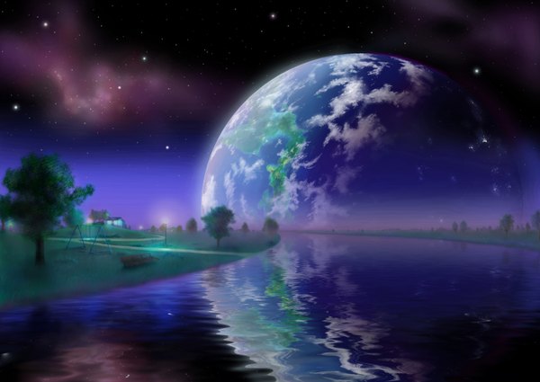 Anime picture 2948x2092 with original monorisu highres night reflection landscape river plant (plants) tree (trees) star (stars) planet bench house earth swing