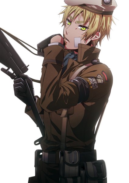 Anime picture 1061x1500 with axis powers hetalia studio deen united kingdom (hetalia) single tall image short hair simple background blonde hair white background yellow eyes bandaid on face boy gloves uniform weapon gun beret military uniform bandaid fanny pack