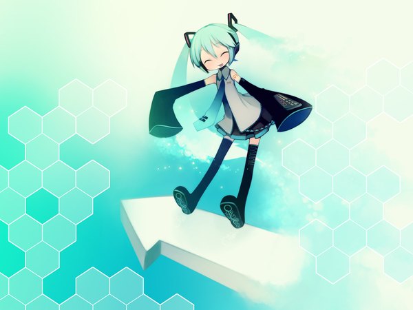 Anime picture 1024x768 with vocaloid hatsune miku puti devil single long hair open mouth simple background smile twintails full body eyes closed long sleeves aqua hair girl detached sleeves necktie thigh boots