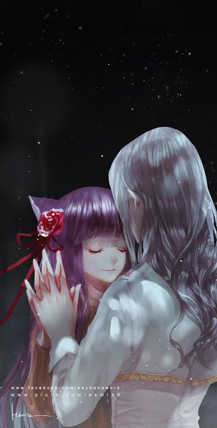 Anime picture 649x1276 with unlight say hana long hair tall image fringe smile animal ears purple hair eyes closed hair flower grey hair from behind night back holding hands girl boy hair ornament flower (flowers) ribbon (ribbons)