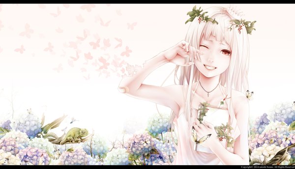 Anime picture 4000x2298 with original bouno satoshi long hair looking at viewer highres smile red eyes wide image absurdres white hair one eye closed wink tears letterboxed girl dress hair ornament flower (flowers) book (books) insect