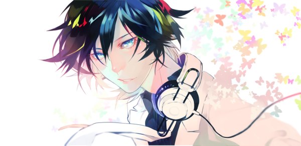 Anime picture 4988x2425 with original fasna single looking at viewer highres short hair blue eyes black hair wide image white background absurdres multicolored hair boy necktie headphones insect butterfly wire (wires)