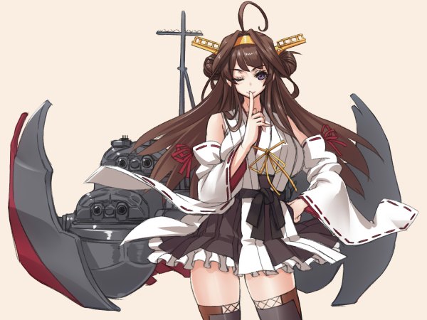 Anime picture 1200x900 with kantai collection kongou battleship hayama kazusa single long hair looking at viewer blush simple background brown hair purple eyes one eye closed wink finger to mouth nontraditional miko girl detached sleeves clothes
