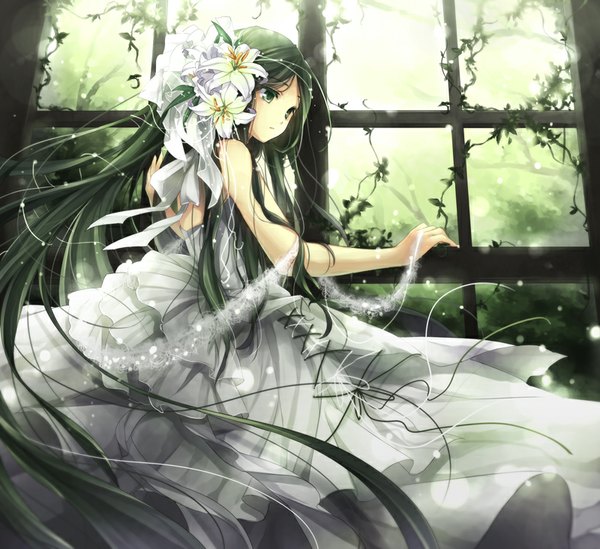 Anime picture 800x733 with original hagiwara rin single long hair bare shoulders green eyes looking away hair flower green hair girl dress hair ornament flower (flowers) ribbon (ribbons) plant (plants) window white dress lily (flower)