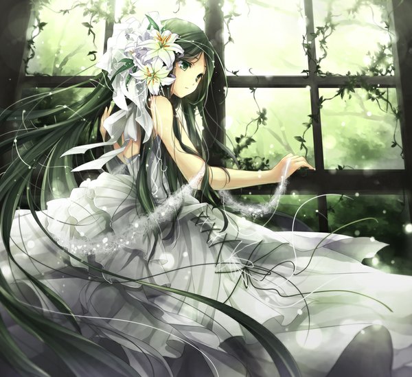 Anime-Bild 800x733 mit original hagiwara rin single long hair bare shoulders green eyes looking away hair flower green hair girl dress hair ornament flower (flowers) ribbon (ribbons) plant (plants) window white dress lily (flower)