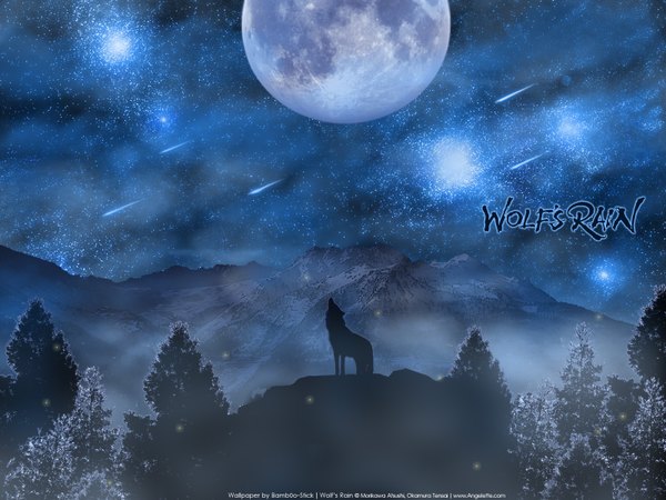 Anime picture 1600x1200 with wolfs rain studio bones sky night night sky mountain no people space silhouette fog shooting star plant (plants) animal tree (trees) moon star (stars) full moon forest wolf