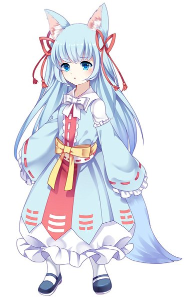 Anime picture 631x1000 with original kousai (inert) single long hair tall image blush fringe open mouth blue eyes simple background white background animal ears blue hair looking away tail long sleeves animal tail wide sleeves fox ears fox tail