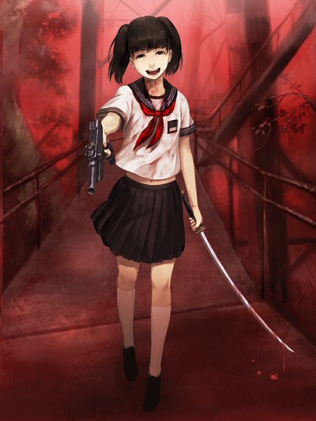 Anime picture 750x1000 with forbidden siren yagura ichiko senri (artist) single long hair tall image looking at viewer fringe open mouth black hair twintails pleated skirt black eyes bloody weapon girl skirt navel uniform weapon plant (plants)