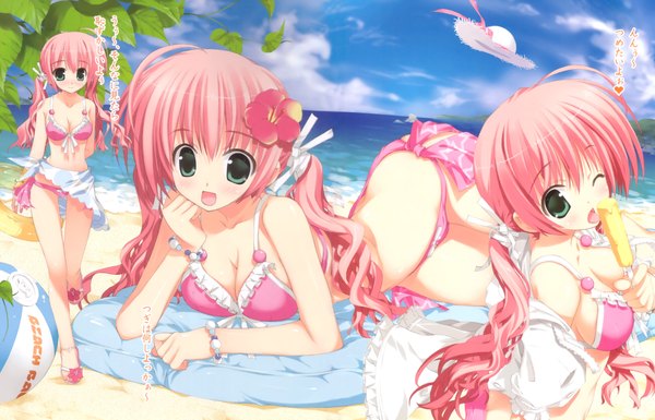 Anime picture 4699x3018 with fujima takuya looking at viewer blush highres open mouth light erotic twintails green eyes pink hair beach girl hat food sweets ice cream beachball