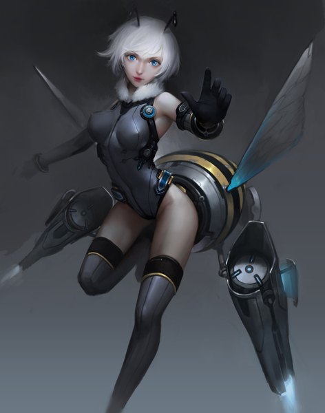 Anime picture 1180x1500 with school shock lyu li nero (nilu) single tall image short hair blue eyes light erotic simple background white hair grey background mecha musume mechanical parts insect girl bee girl girl thighhighs gloves elbow gloves fur