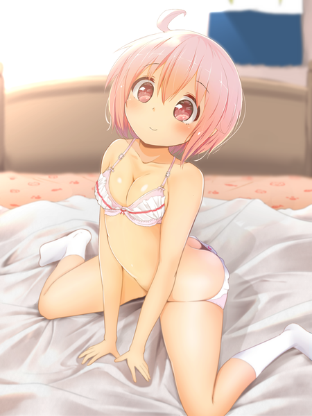 Anime picture 1500x2000 with yuyushiki nonohara yuzuko jovejun single tall image blush fringe short hair breasts light erotic smile hair between eyes sitting pink hair cleavage full body ahoge pink eyes from above depth of field