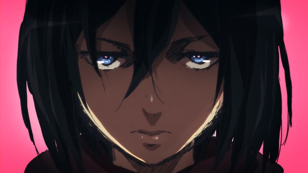 Anime picture 5120x2880 with shingeki no kyojin production i.g mikasa ackerman tom skender single looking at viewer highres short hair blue eyes black hair simple background wide image absurdres pink background girl scarf