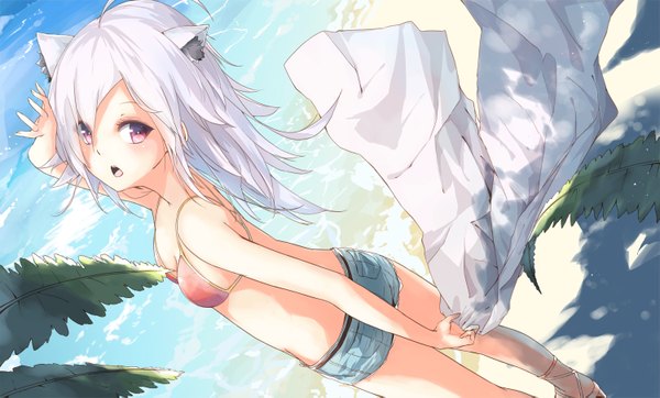 Anime picture 1500x907 with original la-na single long hair open mouth light erotic red eyes wide image animal ears ahoge white hair cat ears beach girl shorts bikini top