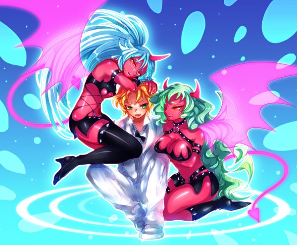 Anime picture 1404x1159 with panty & stocking with garterbelt kneesocks (character) scanty rock briefers long hair multiple girls horn (horns) green hair aqua hair orange eyes demon girl demon tail red skin girl thighhighs boy 2 girls wings glasses bowtie