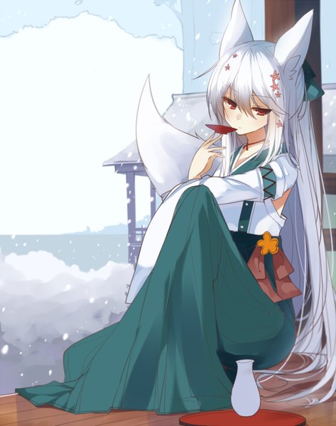 Anime picture 700x888 with original tierra azur (mishima kurone) mishima kurone single long hair tall image looking at viewer blush fringe red eyes sitting animal ears sky cloud (clouds) bent knee (knees) white hair tail traditional clothes animal tail hair flower