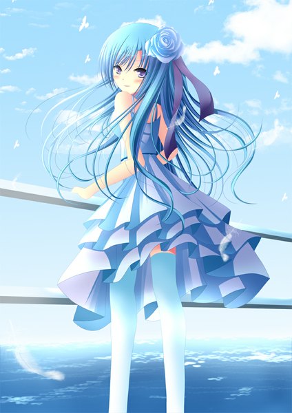 Anime picture 778x1100 with original toshi (1-147) single long hair tall image blush blue eyes blue hair sky cloud (clouds) looking back girl thighhighs dress animal white thighhighs bird (birds) feather (feathers)