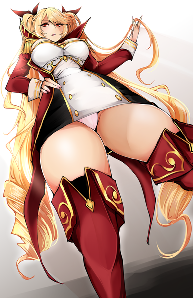 Anime picture 1654x2549 with azur lane nelson (azur lane) agetama single tall image looking at viewer blush fringe breasts open mouth light erotic simple background blonde hair hair between eyes red eyes standing twintails very long hair from below pantyshot