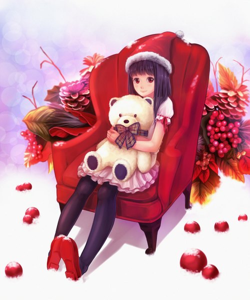 Anime picture 1500x1800 with original avachi single long hair tall image looking at viewer blush fringe smile red eyes sitting purple hair fur trim snow girl dress bow plant (plants) pantyhose food