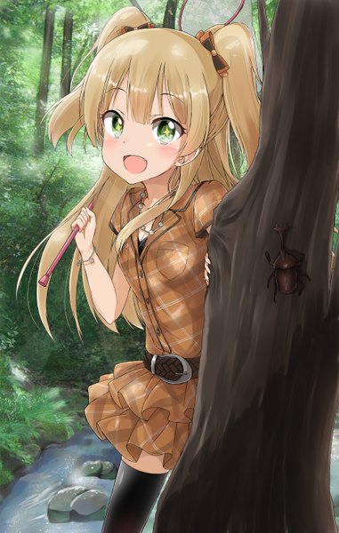 Anime picture 1843x2898 with idolmaster idolmaster cinderella girls jougasaki rika pentagon (railgun ky1206) single long hair tall image looking at viewer blush fringe highres breasts open mouth smile holding green eyes outdoors sparkle short sleeves two side up