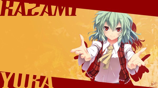 Anime picture 1920x1080 with touhou kazami yuuka kurasaki cority (artist) single highres short hair smile red eyes wide image green hair inscription girl