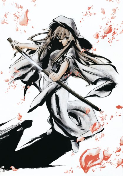 Anime picture 4043x5802 with seto no hanayome seto san single long hair tall image highres brown hair brown eyes absurdres girl petals sword hood