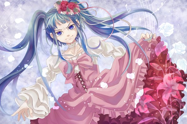 Anime picture 1500x1000 with umineko no naku koro ni furudo erika bekkourico single long hair blue eyes twintails blue hair girl dress hair ornament flower (flowers) petals