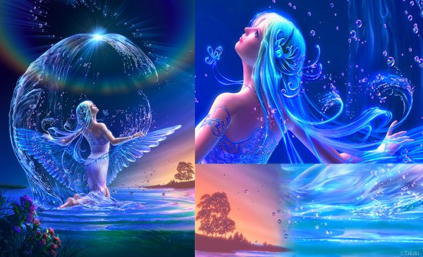 Anime picture 1280x779 with original takashi mare long hair blue eyes wide image bare shoulders blue hair barefoot no shoes sleeveless multiview girl dress flower (flowers) wings water