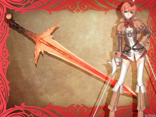 Anime picture 1280x960 with shining (series) shining tears kanon seena tony taka single looking at viewer short hair smile brown eyes red hair shadow hand on hip framed brown background girl thighhighs weapon white thighhighs sword headdress