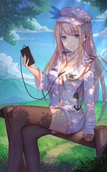 Anime picture 1000x1600 with warship girls r lexington (warship girls r) youxuemingdie single long hair tall image looking at viewer blue eyes blonde hair smile sitting holding payot sky cleavage cloud (clouds) bent knee (knees) outdoors braid (braids) zettai ryouiki