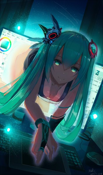 Anime picture 800x1357 with vocaloid hatsune miku xkc single tall image looking at viewer blush fringe smile twintails green eyes very long hair aqua eyes green hair aqua hair sleeveless through screen girl
