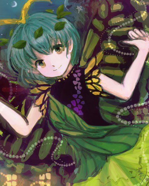 Anime picture 800x1000 with touhou eternity larva katari single tall image looking at viewer short hair smile brown eyes upper body pointy ears aqua hair night night sky spread arms pale skin crescent insect wings butterfly wings antennae