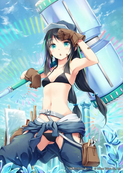 Anime picture 571x800 with shinkai no valkyrie eden maker akkijin single long hair tall image blush fringe breasts open mouth light erotic black hair twintails sky cloud (clouds) arm up aqua eyes wind inscription :o