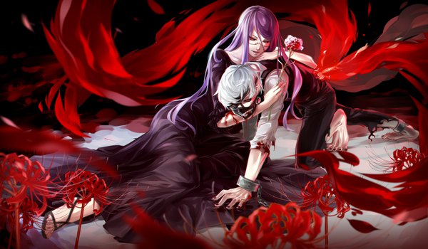 Anime picture 3422x2000 with tokyo ghoul studio pierrot kaneki ken kamishiro rize igneous25 long hair highres smile red eyes wide image purple hair white hair nail polish barefoot fingernails bare legs high heels reclining red background smirk