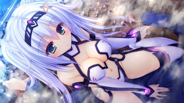 Anime picture 1920x1080 with world election whirlpool (studio) kururu (world election) mikagami mamizu single long hair blush highres breasts blue eyes light erotic wide image large breasts game cg white hair girl navel
