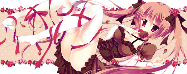 Anime picture 1000x400 with original hasune single long hair looking at viewer fringe breasts light erotic red eyes brown hair wide image large breasts twintails cleavage lying barefoot on back legs valentine girl