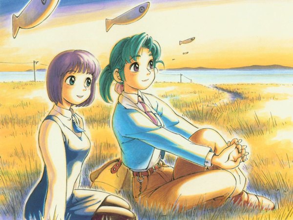 Anime picture 1280x960 with yokohama kaidashi kikou hatsuseno alpha takatsu kokone ashinano hitoshi sitting purple eyes multiple girls green eyes looking away sky purple hair outdoors ponytail long sleeves green hair light smile wallpaper field girl dress