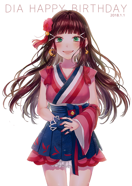 Anime picture 1061x1500 with love live! sunshine!! sunrise (studio) love live! kurosawa dia sudach koppe single long hair tall image looking at viewer blush fringe open mouth simple background brown hair standing white background green eyes blunt bangs nail polish traditional clothes
