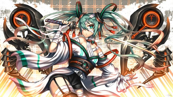 Anime picture 1300x730 with vocaloid hatsune miku gia single long hair looking at viewer fringe wide image twintails traditional clothes japanese clothes aqua eyes aqua hair text light girl hair ornament weapon earrings sword