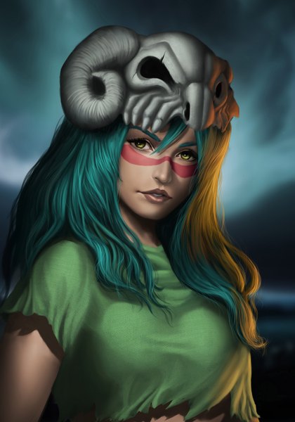 Anime picture 2414x3452 with bleach studio pierrot nelliel tu odelschwanck zamberz (artist) single long hair tall image looking at viewer highres green eyes blue hair horn (horns) torn clothes espada girl mask skull skull helmet