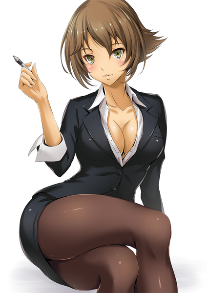 Anime picture 800x1131 with kantai collection mutsu battleship sakiyamama single tall image looking at viewer blush short hair breasts light erotic brown hair white background yellow eyes cleavage crossed legs office lady girl skirt pantyhose skirt set